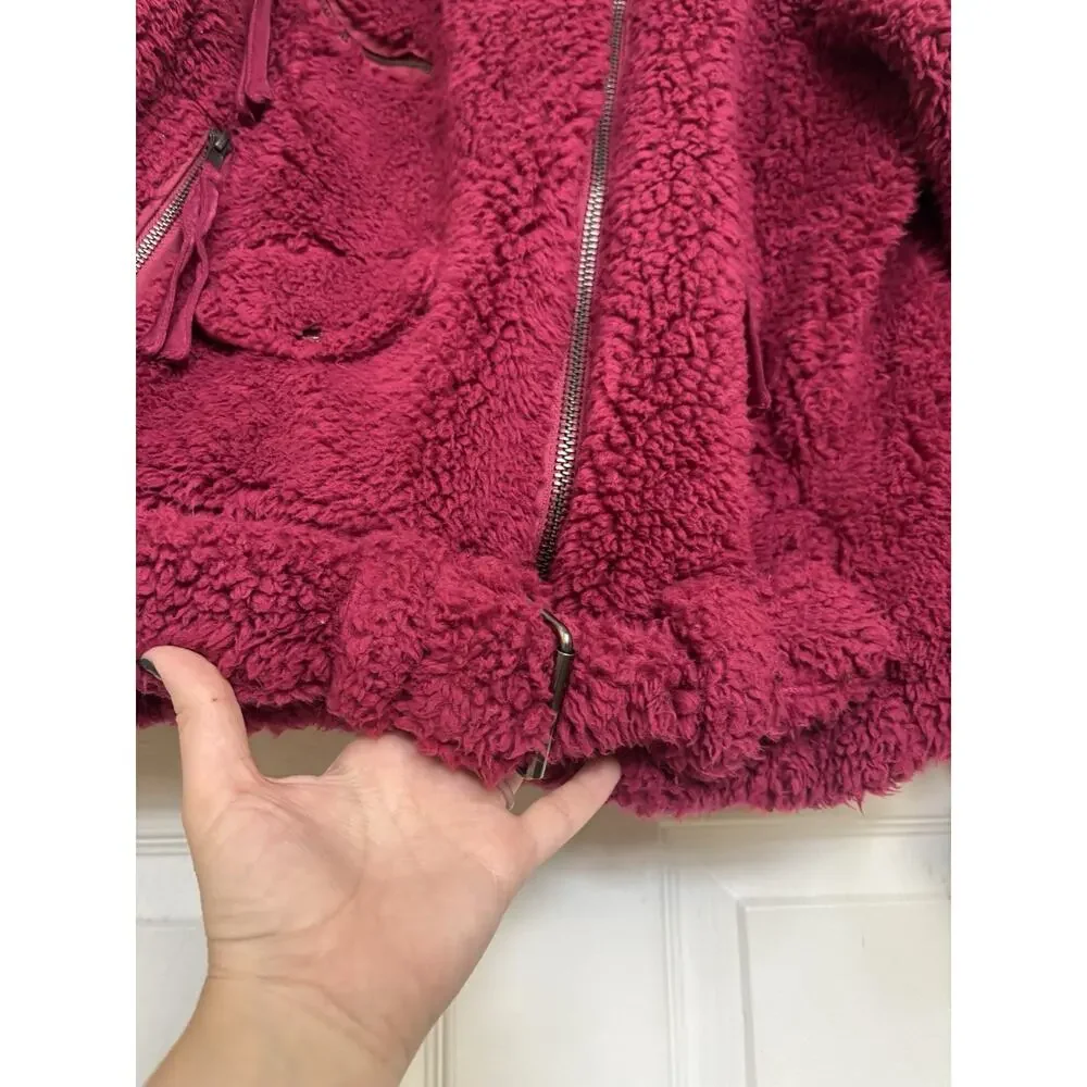 Free People We The Free So Cozy Slouch Moto Jacket Burgundy Oversized S